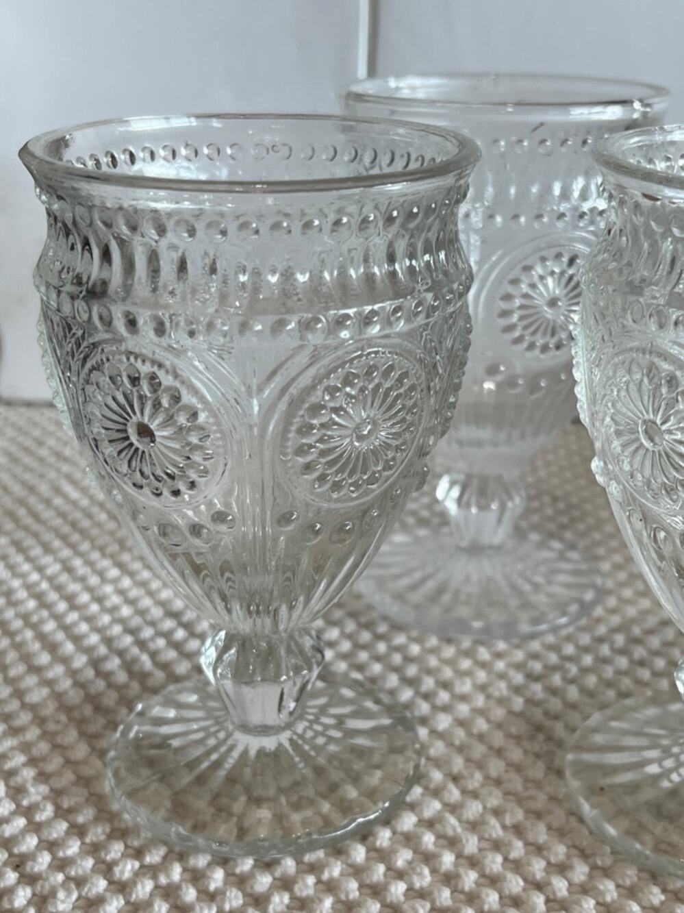 3 Pioneer Woman ADELINE Embossed Footed Glass 12oz CLEAR Goblets 6.5" set3